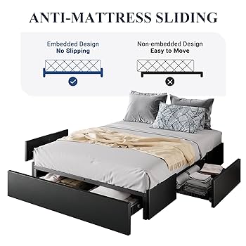 Allewie Queen Size Platform Bed Frame with 3 Storage Drawers